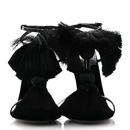 Saint Laurent Vernice Chiffon Tassel Embellished Pierre Pon Pon 110 Sandals 38.5 Black 3 of 9