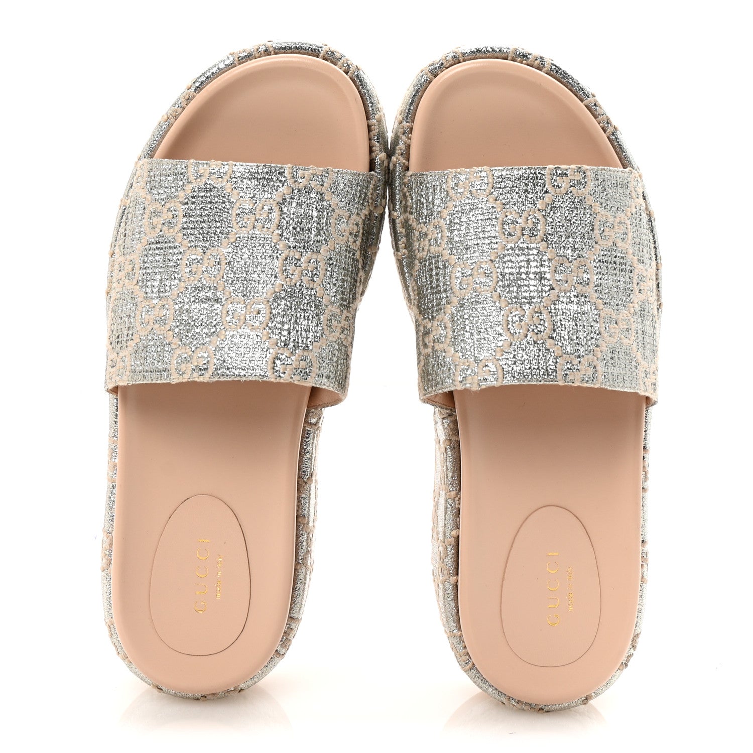 Gucci Lame Heritage GG Monogram Angelina Platform 55mm Slide Sandals 39 Silver Beige 2 of 10