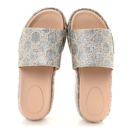 Gucci Lame Heritage GG Monogram Angelina Platform 55mm Slide Sandals 39 Silver Beige 2 of 10