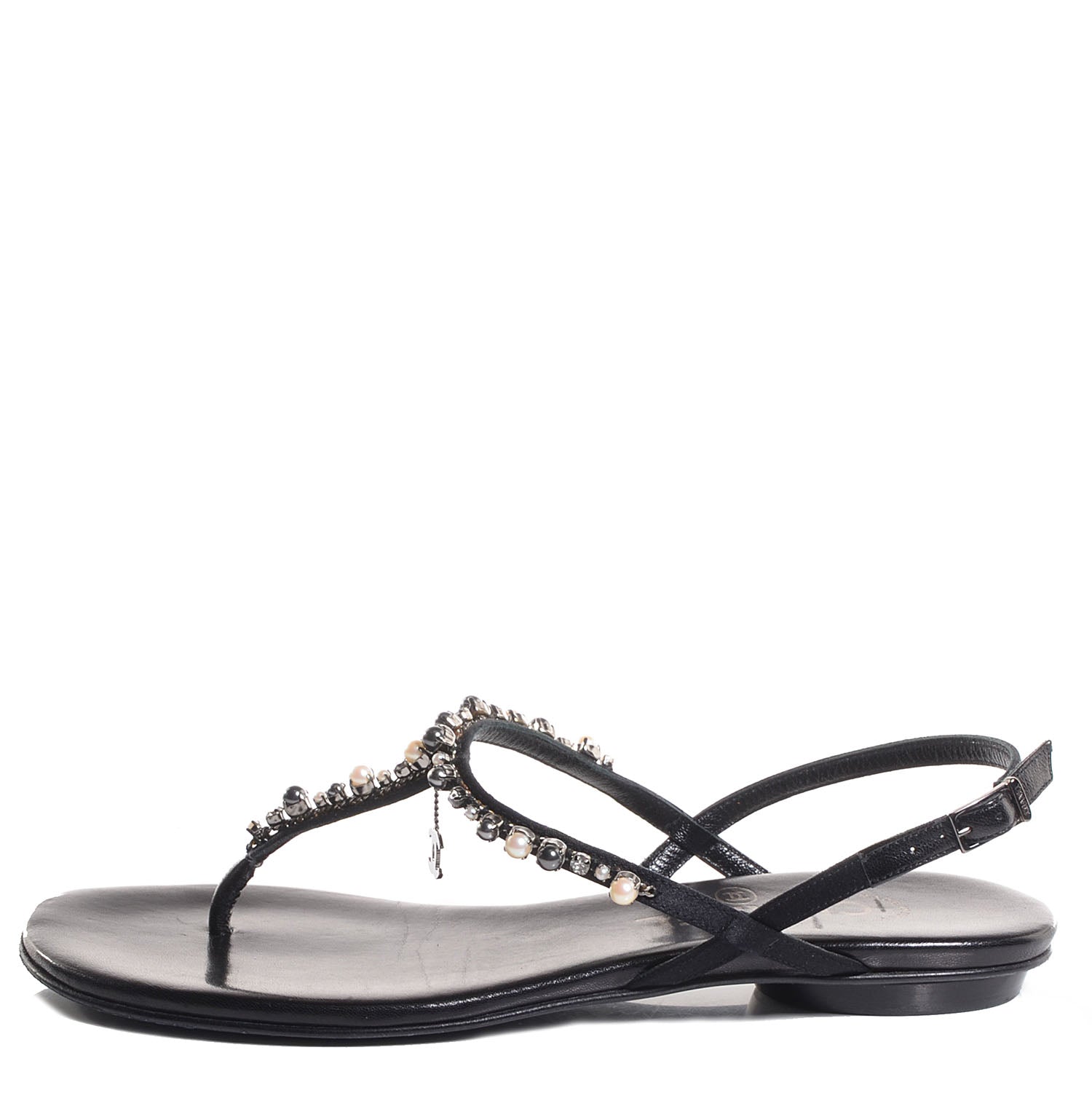 Chanel CC Pearl Thong Sandals 37.5 Black 1 of 5