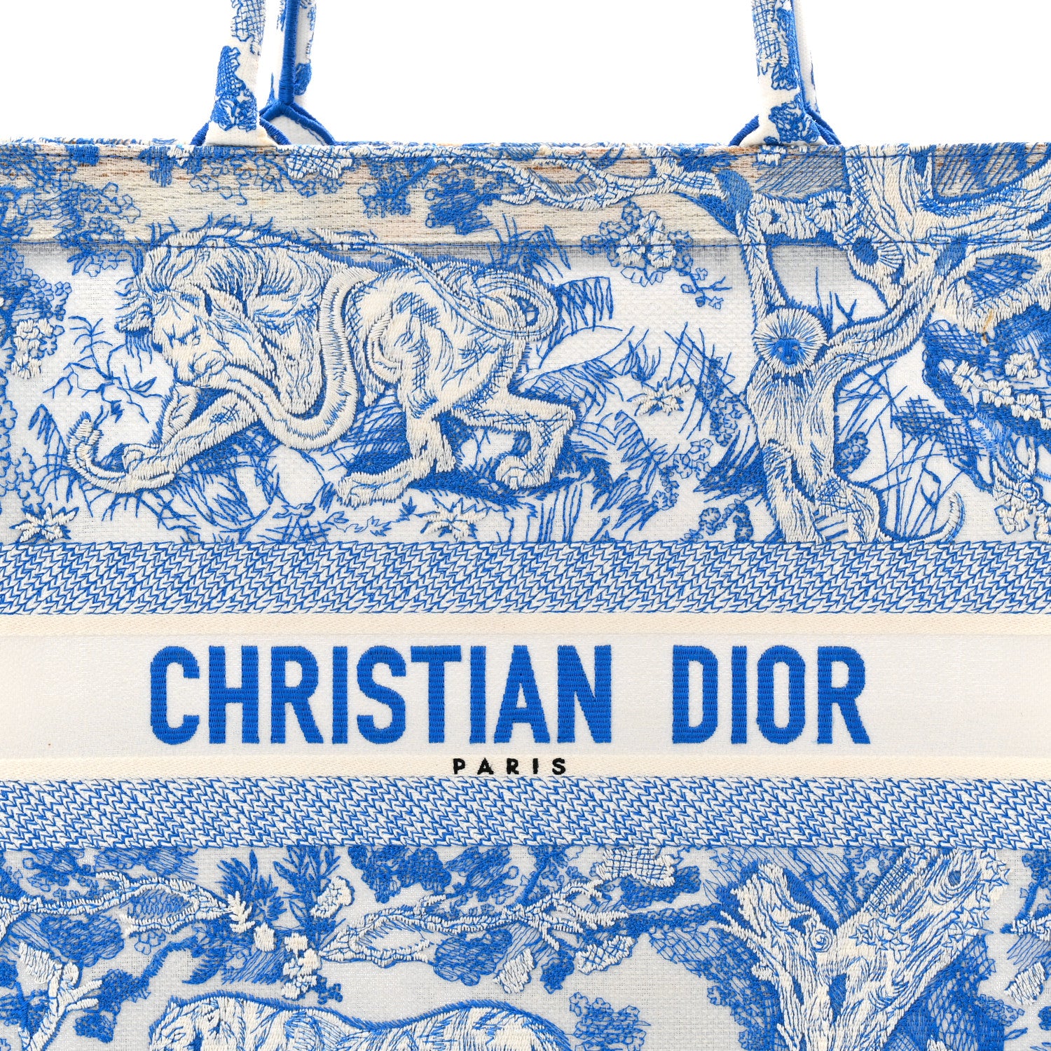 Christian Dior Transparent Canvas Embroidered Large Toile De Jouy Reverse Book Tote Fluorescent Blue 8 of 13