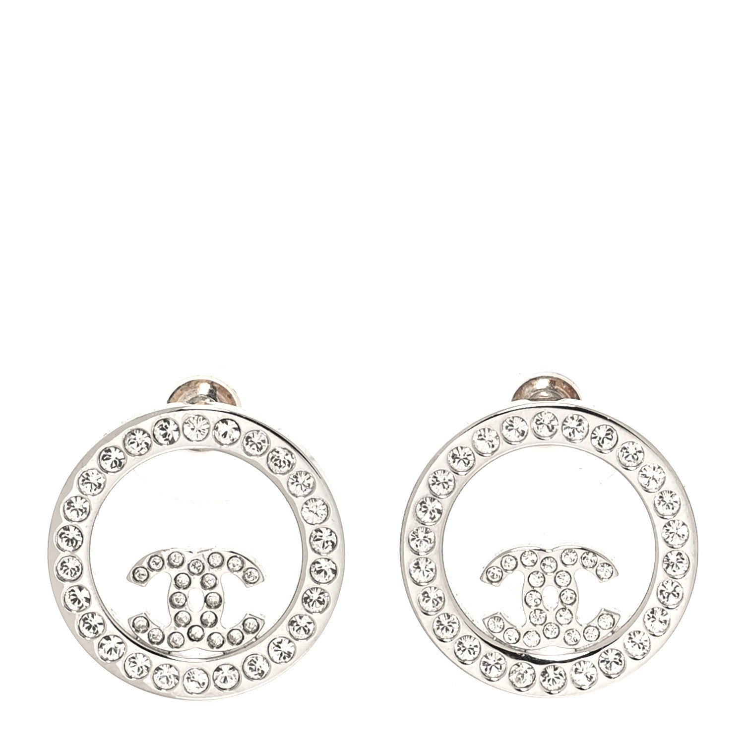 Chanel Crystal CC Round Earrings Silver 1 of 5