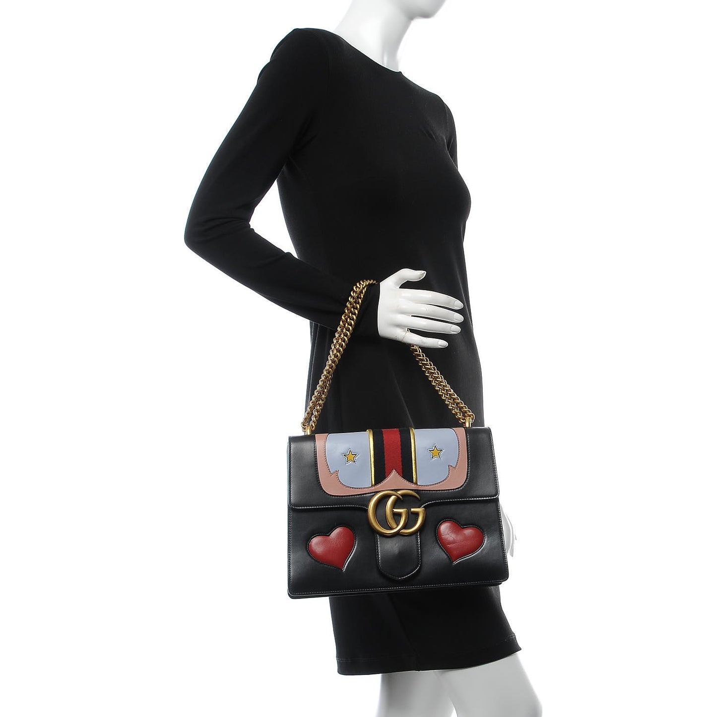 Calfskin Web Heart Medium GG Marmont Chain Handle Bag Black