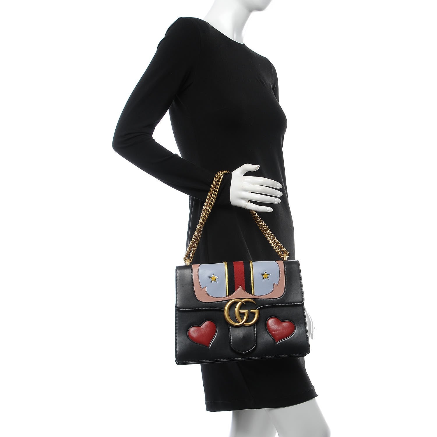 Gucci Calfskin Web Heart Medium GG Marmont Chain Handle Bag Black 3 of 10