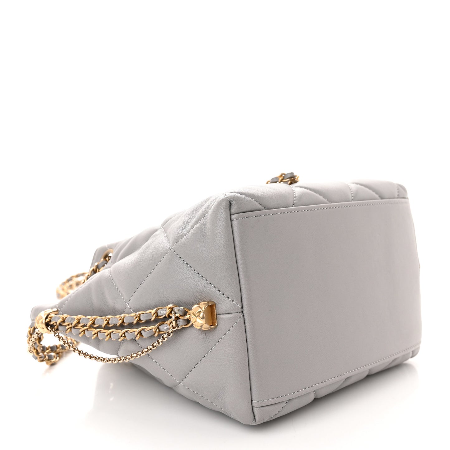 Lambskin Quilted Crush on Chains Drawstring Bucket Bag Hobo Grey