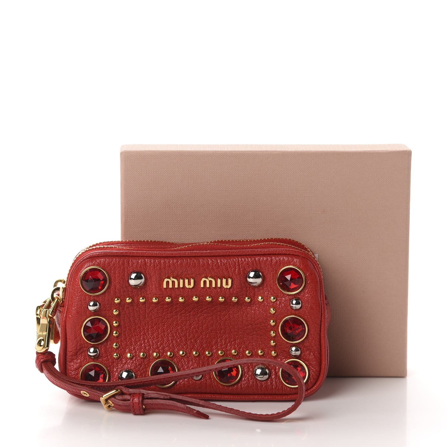Miu Miu Goatskin Madras Crystal Studded Double Zip Wristlet Rosso 9 of 9