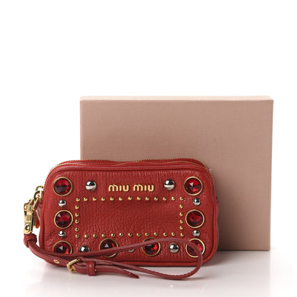 Miu Miu Goatskin Madras Crystal Studded Double Zip Wristlet Rosso 9 of 9