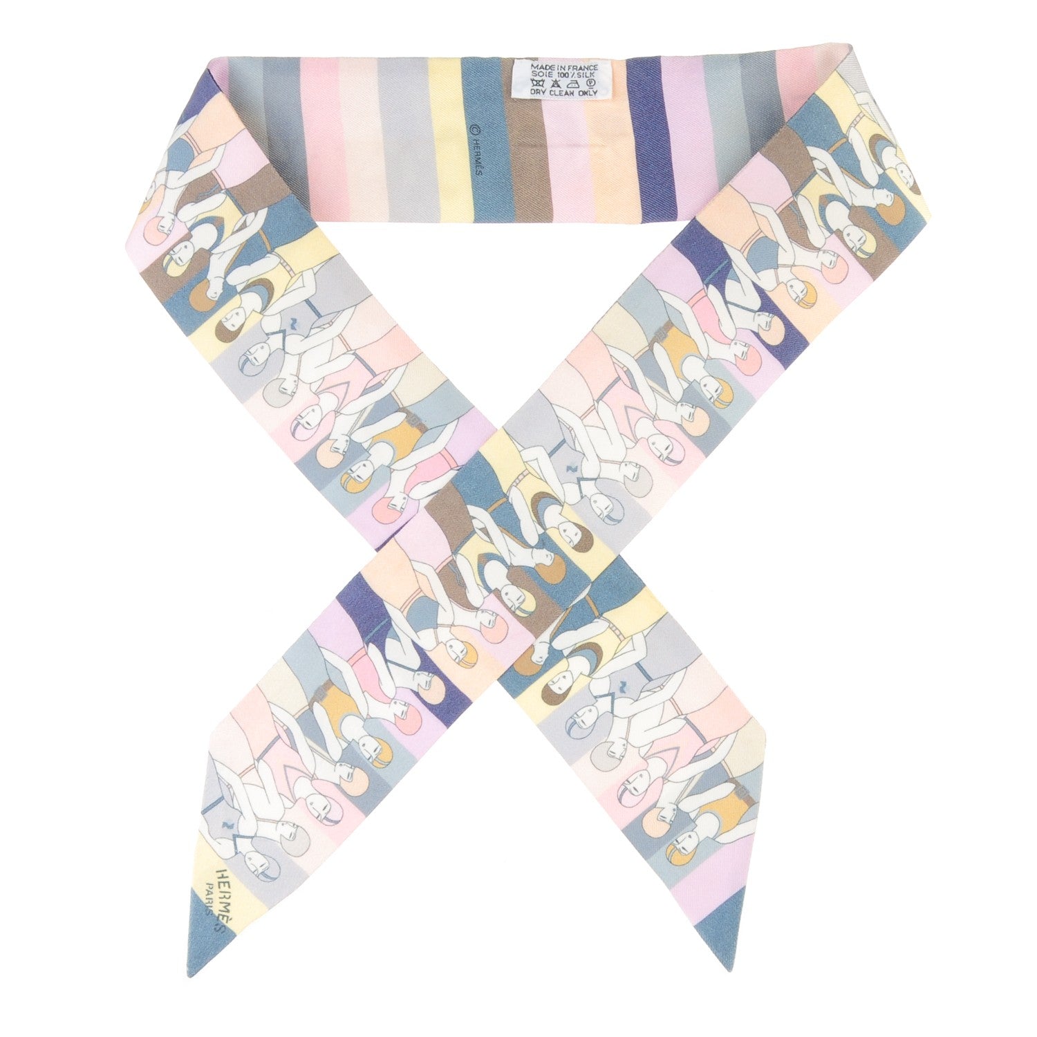 Hermes Silk Les Baigneuses Twilly Bleu Gris Rose Jaune Pale 1 of 4