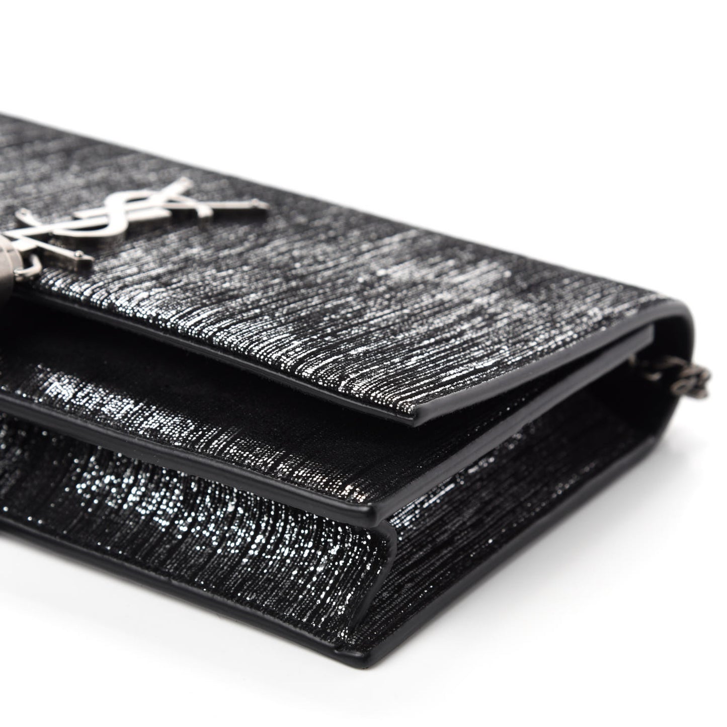 Metallic Suede Classic Monogram Kate Tassel Chain Wallet Black Silver