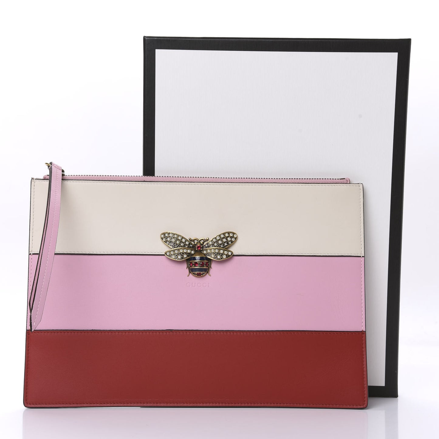 Calfskin Striped Oversized Bee Zip Pouch White Pink Red