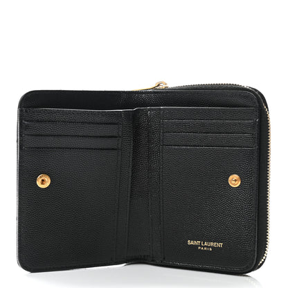 Saint Laurent Grain De Poudre Matelasse Chevron Monogram Compact Zip Around Wallet Black 7 of 11