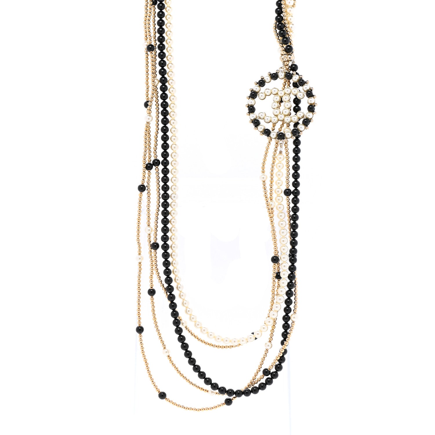 Chanel Pearl Resin Beaded CC Long Necklace Black Gold 1 of 7