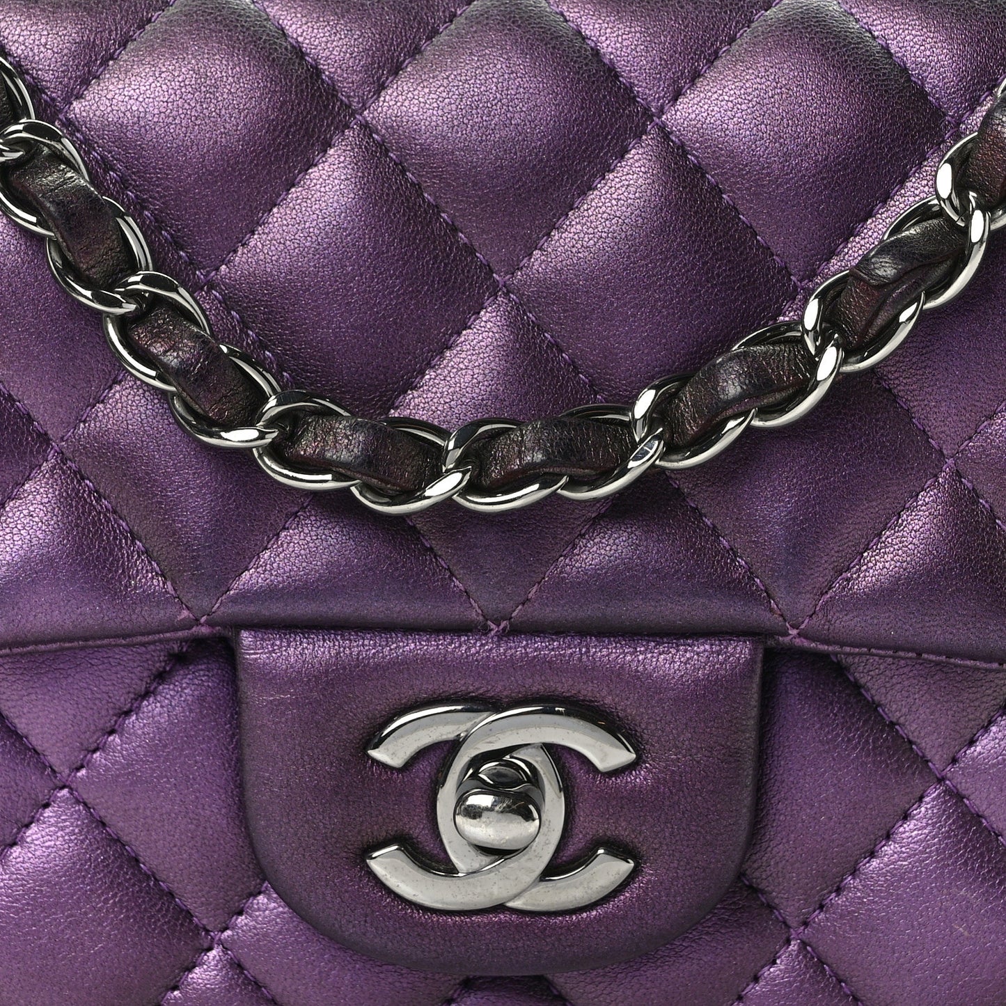 Iridescent Lambskin Quilted Mini Rectangular Flap Dark Purple