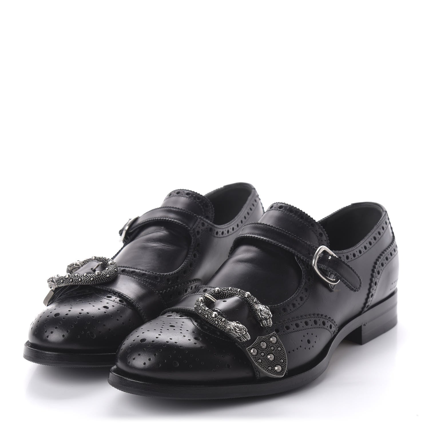 Gucci Calfskin Bee Embroidered Mens Queercore Brogue Wingtip Monk Strap Loafers 9 Black 3 of 13