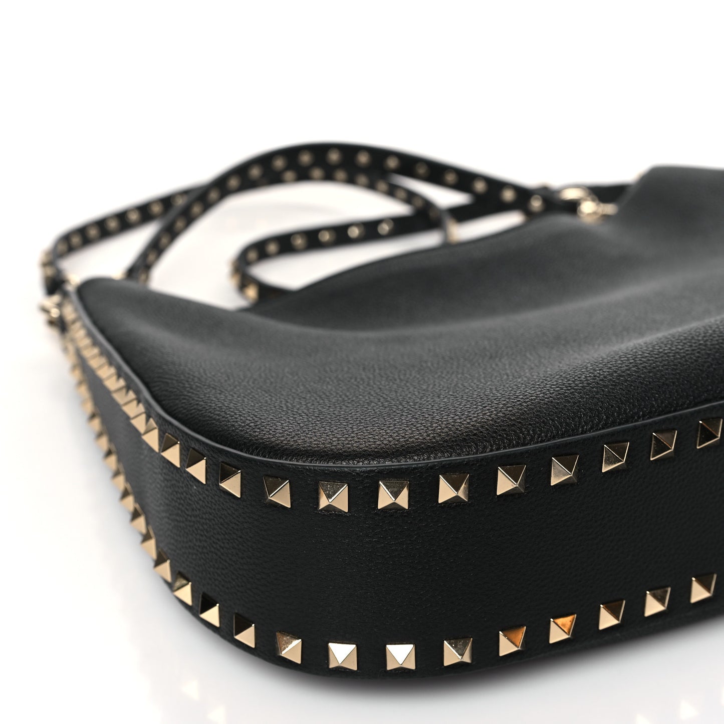 Grained Calfskin Rockstud Hobo Bag Black