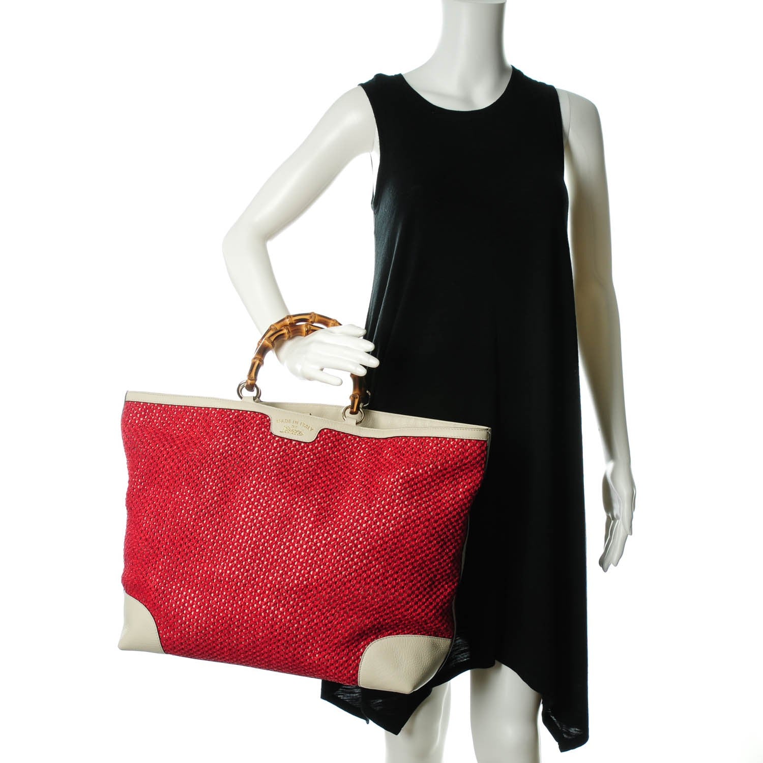 Gucci Straw Calfskin Bamboo Shopper Tote Raspberry 2 of 7