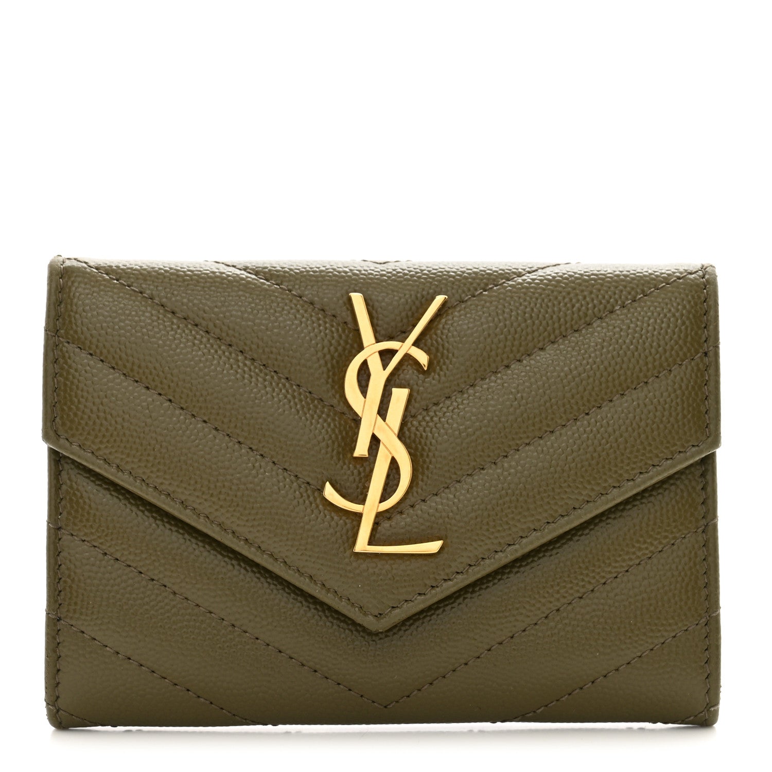 Saint Laurent Grain De Poudre Matelasse Chevron Small Monogram Envelope Wallet Vert Kaki 1 of 9