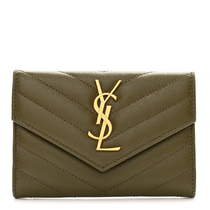 Saint Laurent Grain De Poudre Matelasse Chevron Small Monogram Envelope Wallet Vert Kaki 1 of 9