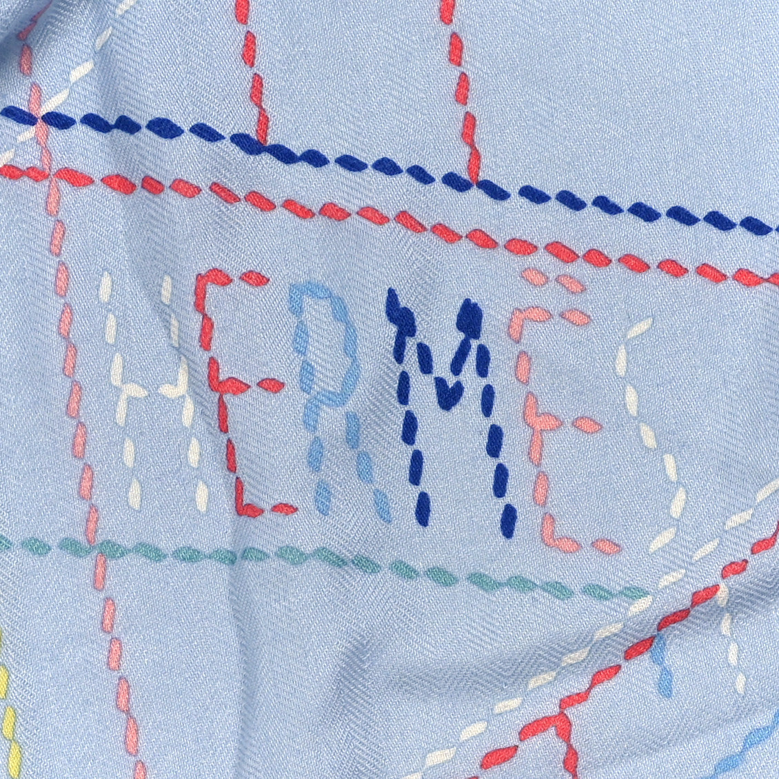 Hermes Cashmere Silk Embroidered Giant Pique Sellier Scarf 140 Bleu Ciel Rose Jaune 4 of 5