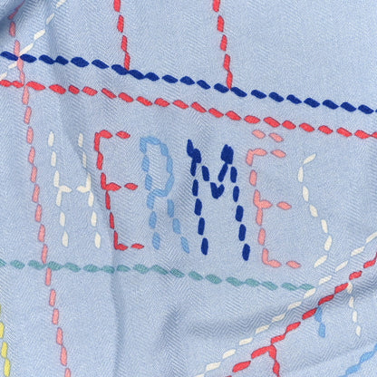 Hermes Cashmere Silk Embroidered Giant Pique Sellier Scarf 140 Bleu Ciel Rose Jaune 4 of 5