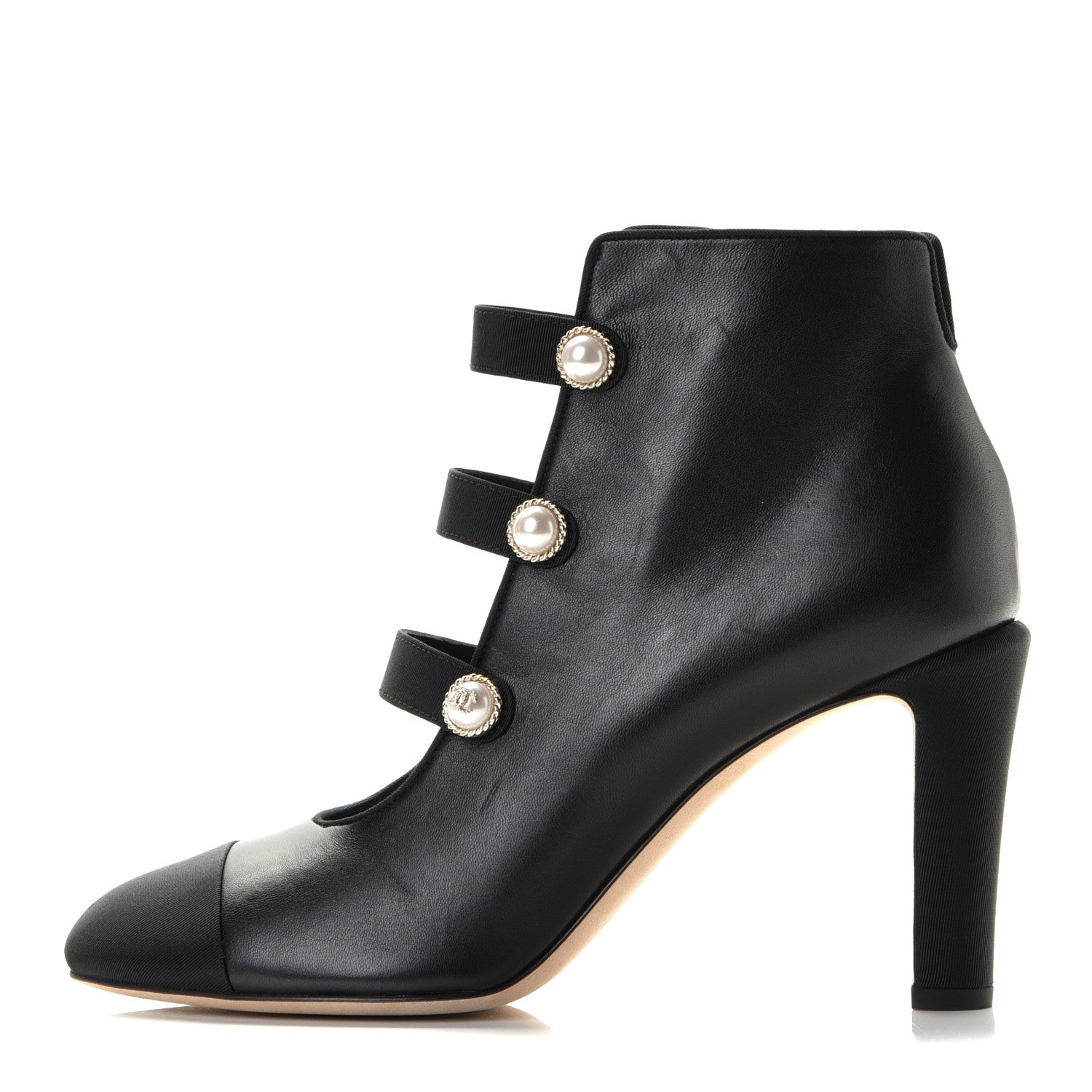 Chanel Lambskin Grosgrain Cap Toe Pearl Ankle Boots 39.5 Black 1 of 6