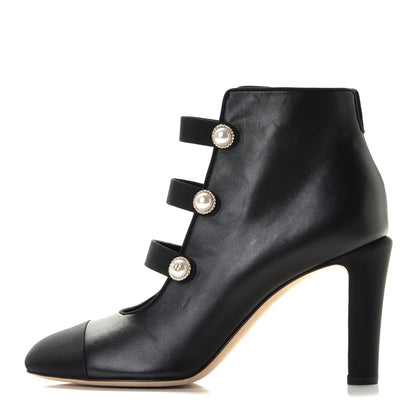 Chanel Lambskin Grosgrain Cap Toe Pearl Ankle Boots 39.5 Black 1 of 6