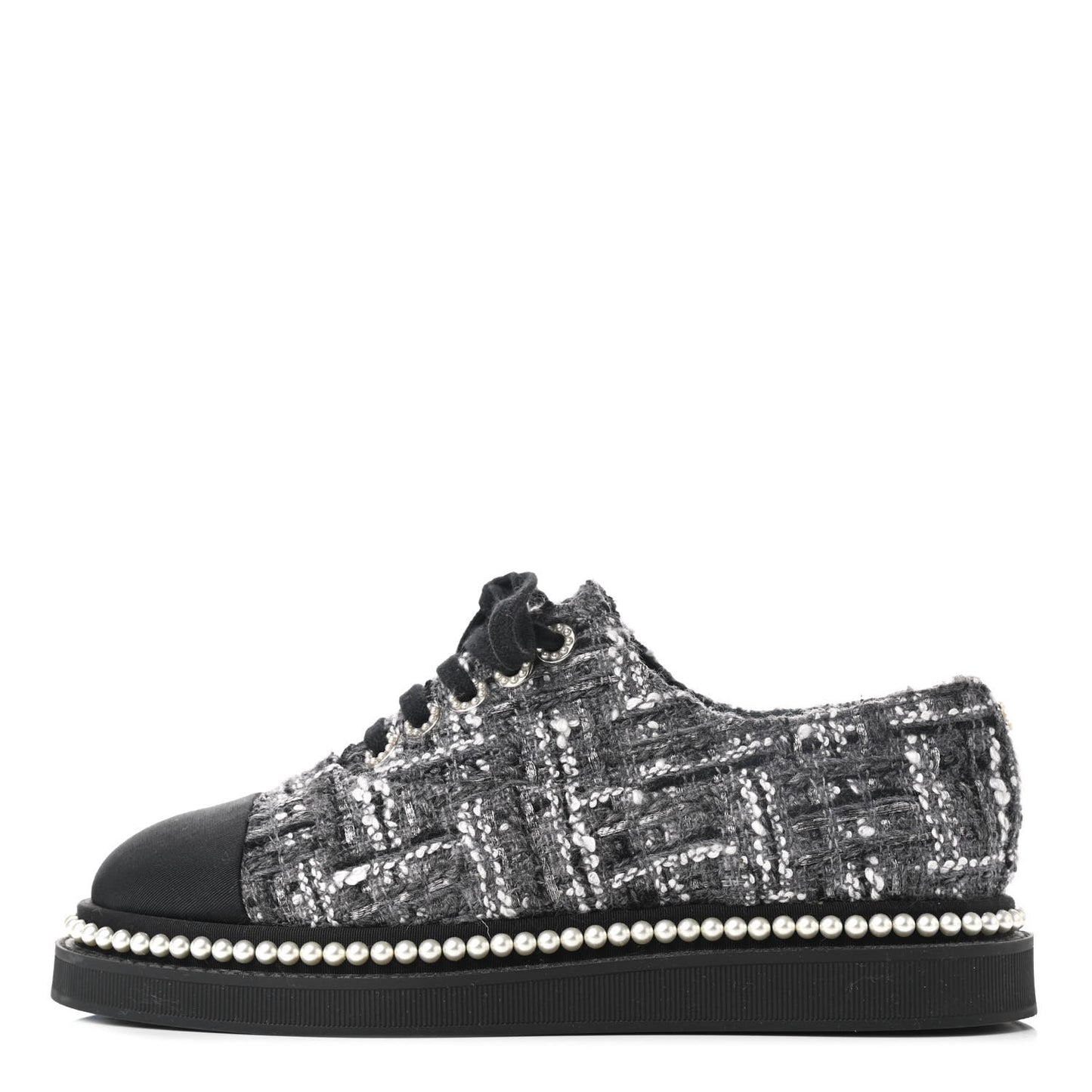 Tweed Grosgrain Pearl Lace Up Sneakers 37 Black