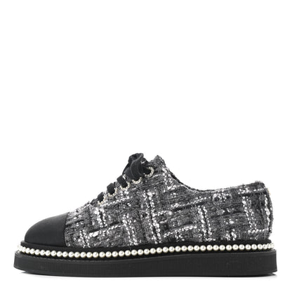 Chanel Tweed Grosgrain Pearl Lace Up Sneakers 37 Black 1 of 9