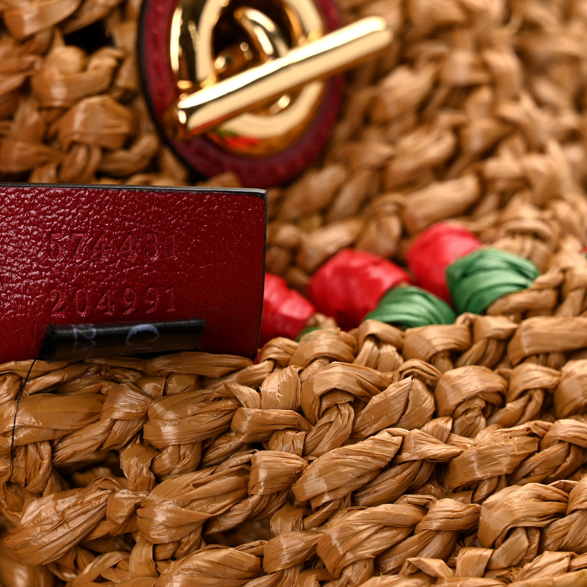 Raffia Effect Large GG Marmont Shoulder Tote Bag Natural Red Green