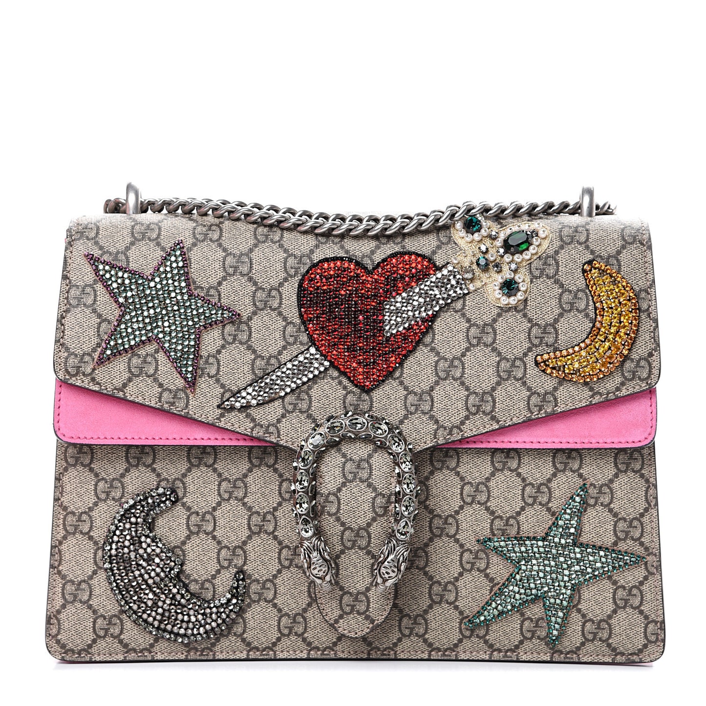 GG Supreme Monogram Suede Pierced Heart Embroidered Medium Dionysus Shoulder Bag Beige Ebony Pink Tropical Flower