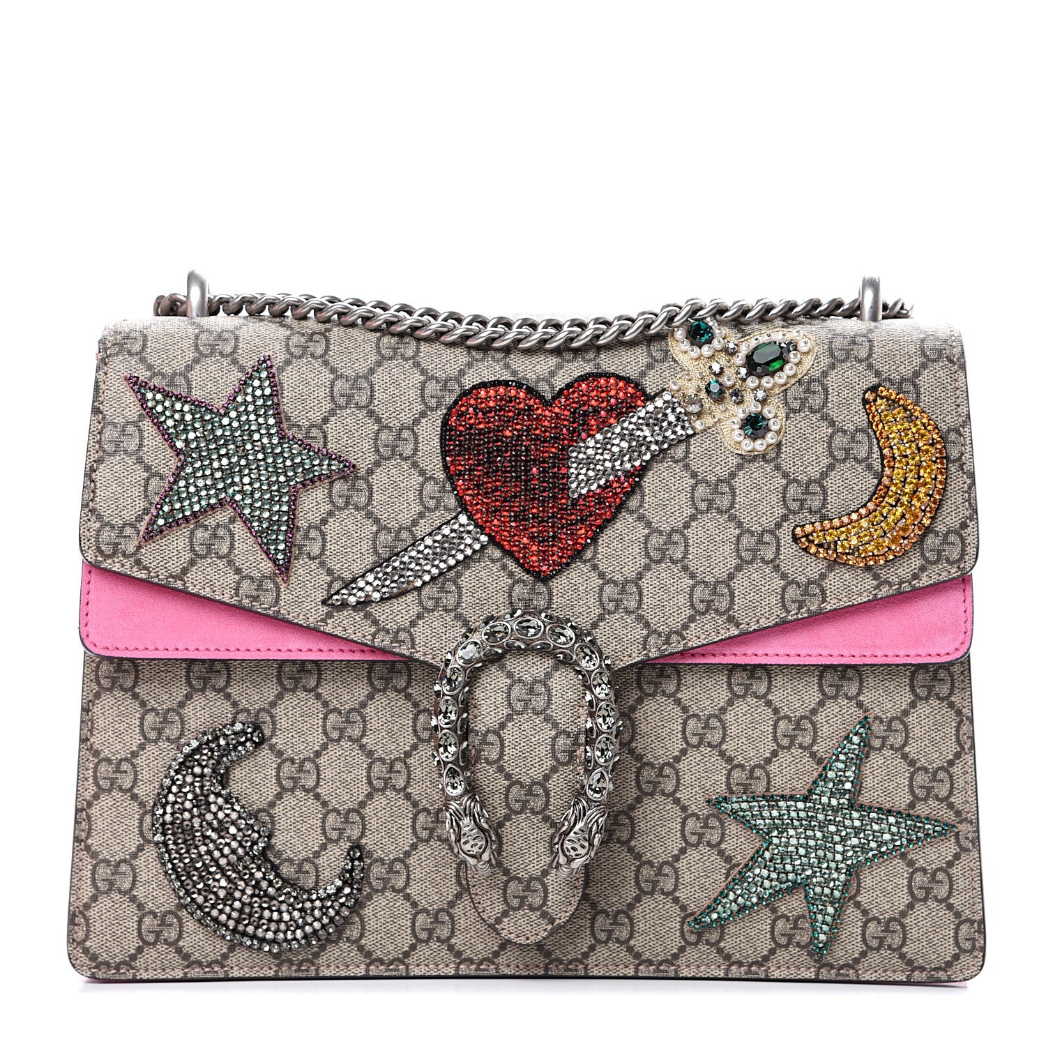 Gucci GG Supreme Monogram Suede Pierced Heart Embroidered Medium Dionysus Shoulder Bag Beige Ebony Pink Tropical Flower 1 of 14