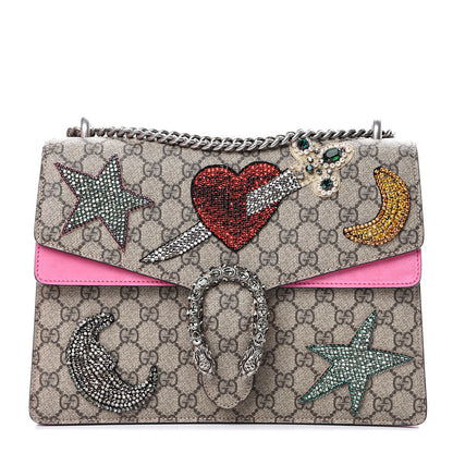 Gucci GG Supreme Monogram Suede Pierced Heart Embroidered Medium Dionysus Shoulder Bag Beige Ebony Pink Tropical Flower 1 of 14