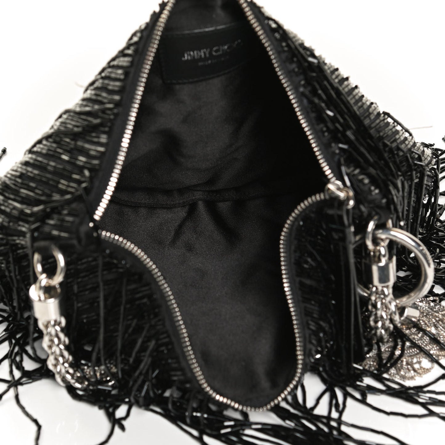 Satin Bead Embellished Callie Fringe Tassel Chain Evening Bag Black