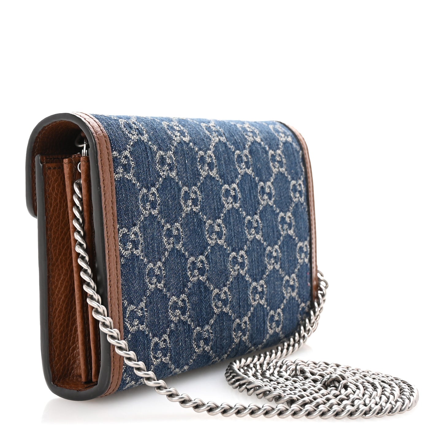 New Denim GG Monogram Dollar Calfskin Enamel Mini Dionysus Chain Wallet Blue Tea Cuir Epilog Electric Blue