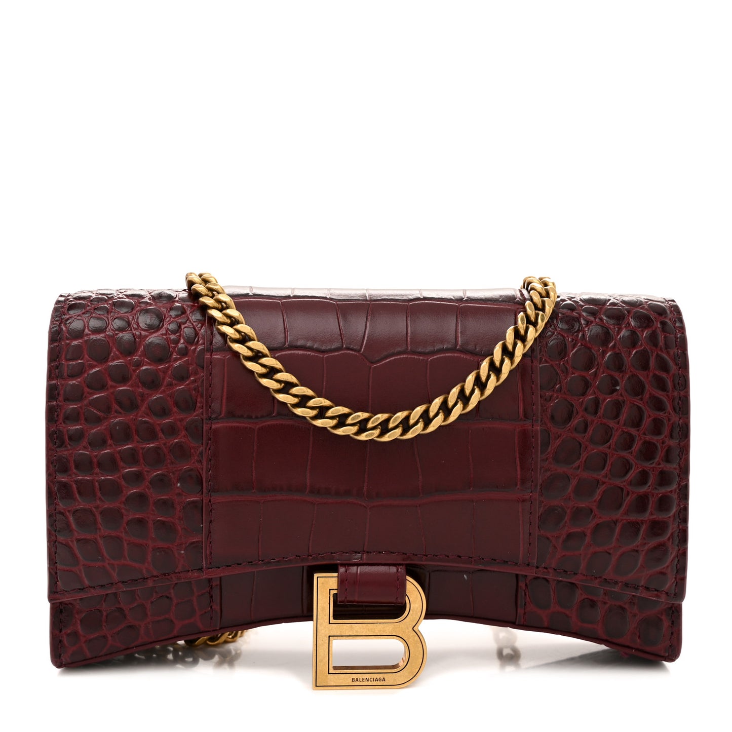 Shiny Calfskin Crocodile Embossed Hourglass Chain Bag Dark Red