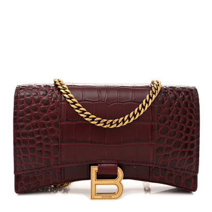 Balenciaga Shiny Calfskin Crocodile Embossed Hourglass Chain Bag Dark Red 1 of 11