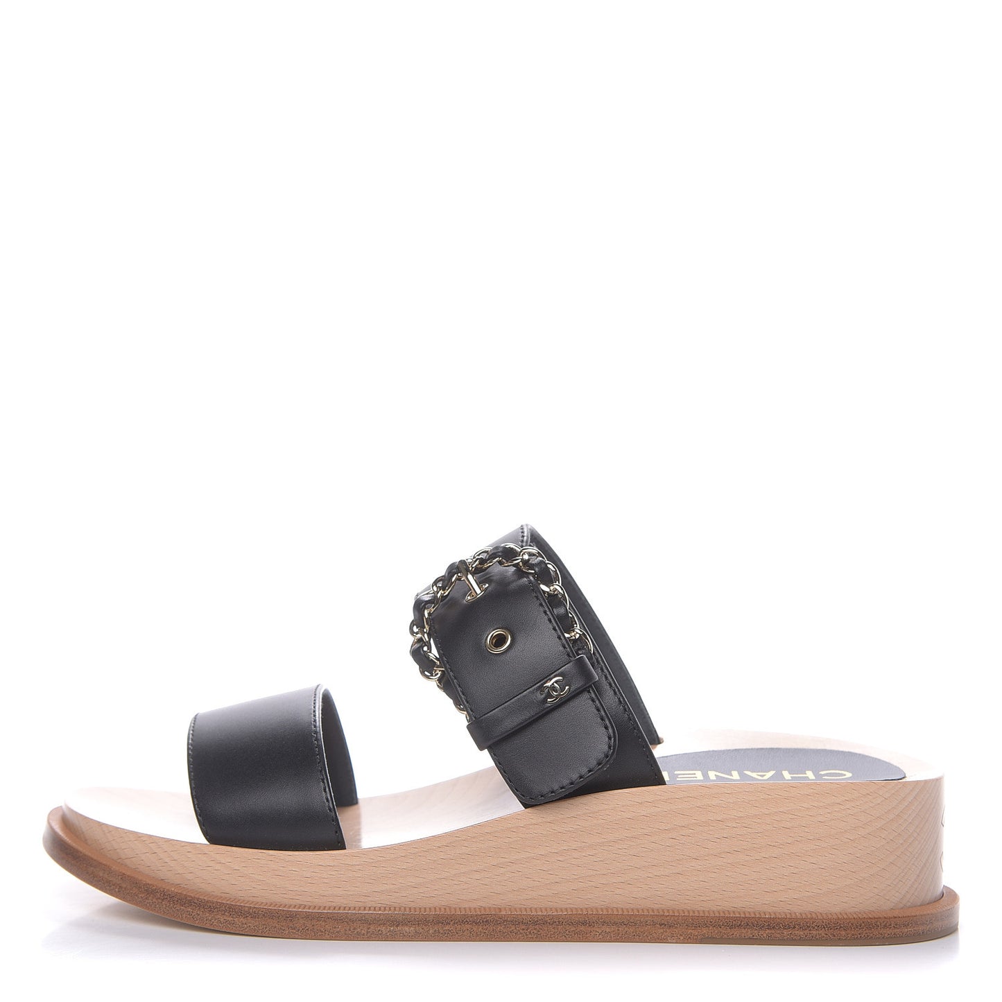 Calfskin Wood Buckle Sandals 37 Black