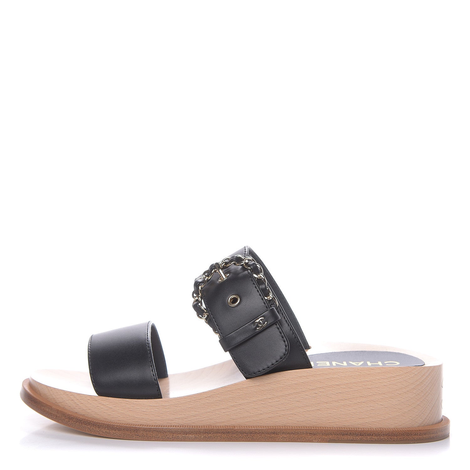 Chanel Calfskin Wood Buckle Sandals 37 Black 1 of 10