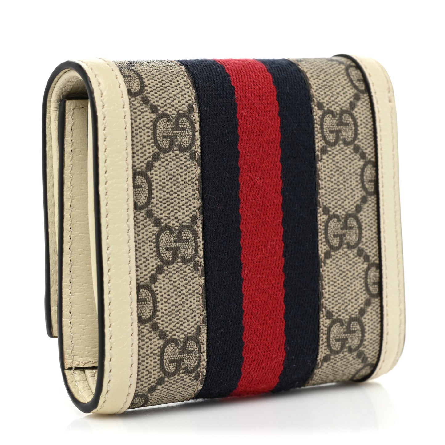 GG Supreme Monogram Textured Calfskin Web Ophidia Card Case Wallet Beige Ebony Mystic White