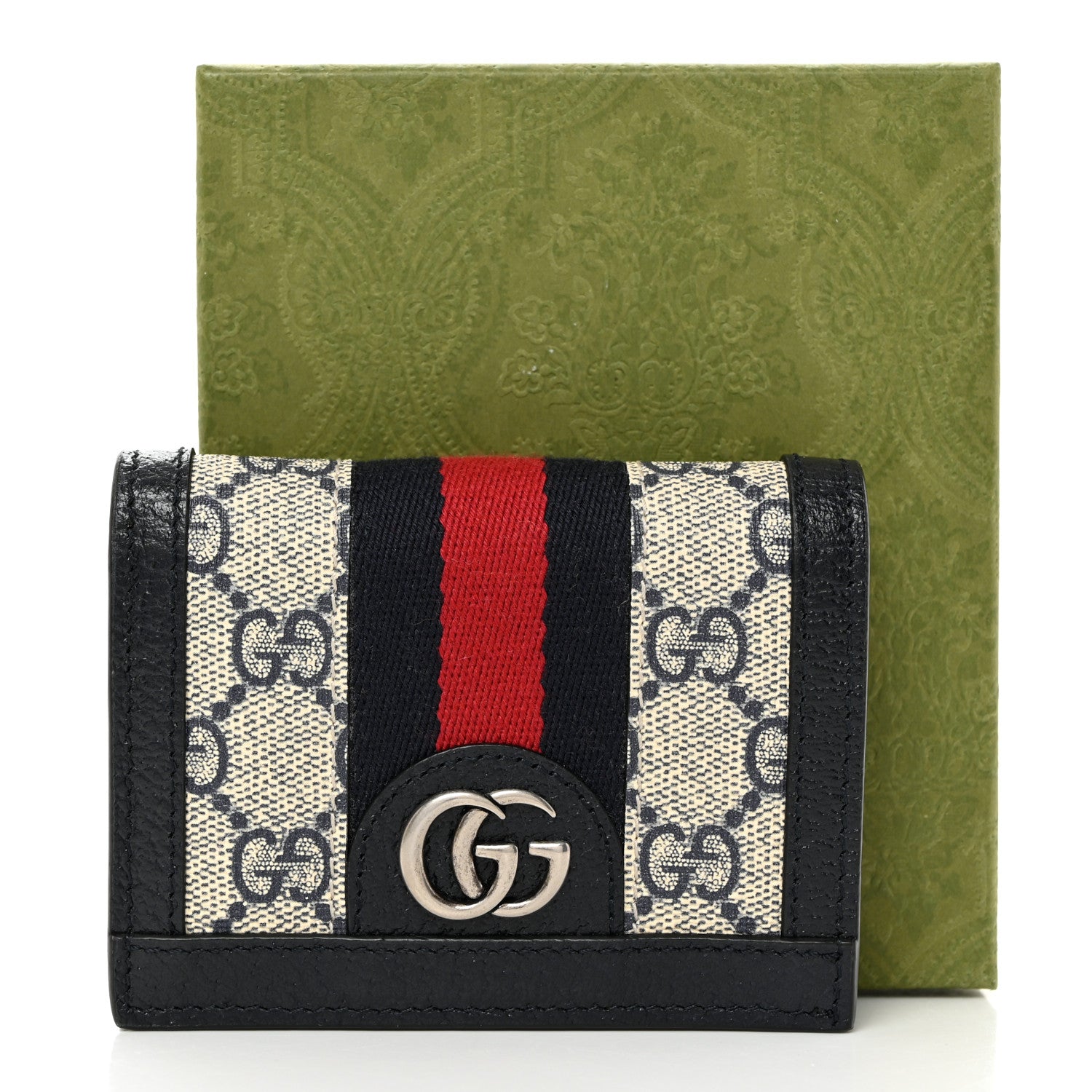 Gucci GG Supreme Monogram Textured Dollar Calfskin Web Ophidia Card Case Beige Blue 3 of 8