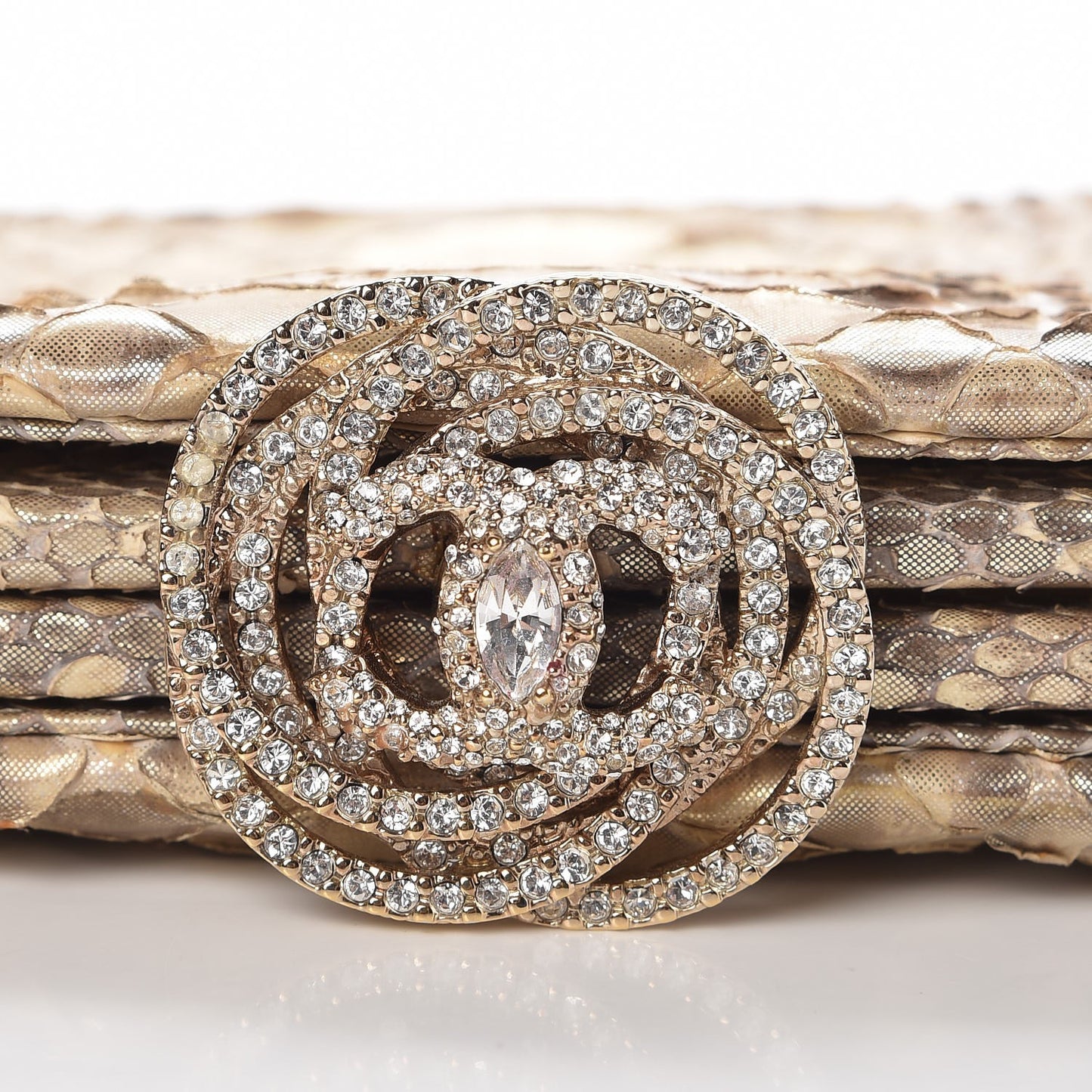 Metallic Python Crystal CC Clutch Gold