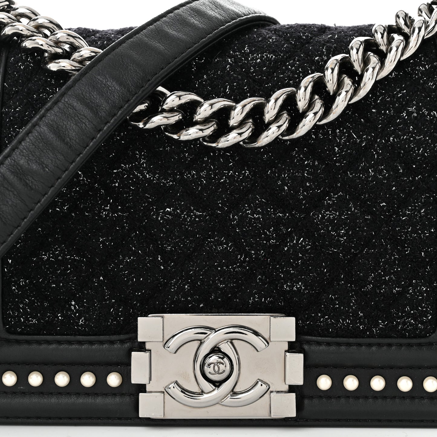 Calfskin Pearl Tweed Small Boy Flap Black