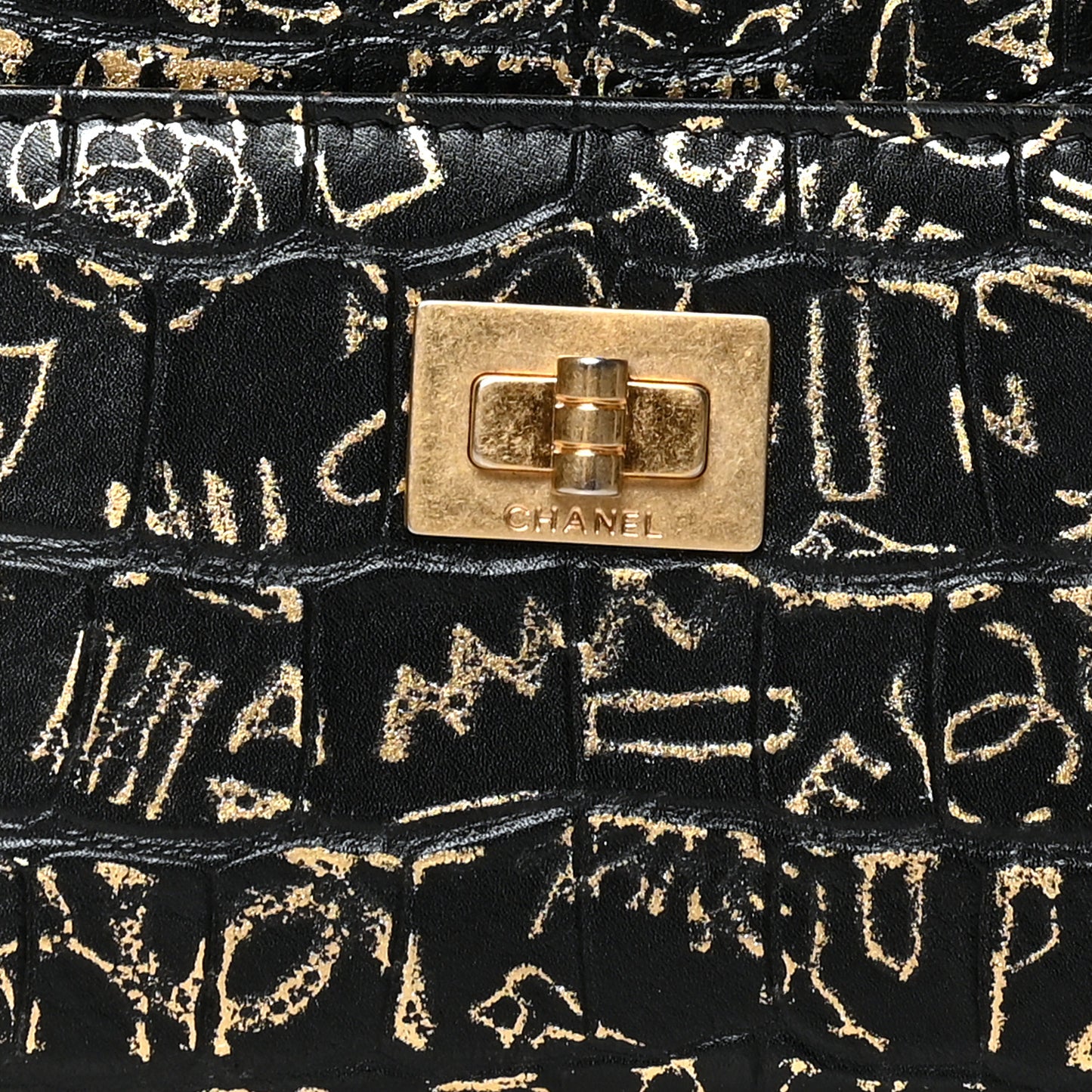 Calfskin Crocodile Embossed Graffiti 2.55 Cocodile Reissue Card Holder Black Gold