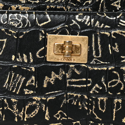 Chanel Calfskin Crocodile Embossed Graffiti 2.55 Cocodile Reissue Card Holder Black Gold 9 of 9