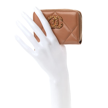 Chanel Lambskin Quilted Chanel 19 Zip Around Coin Purse Wallet Brown 2 of 9