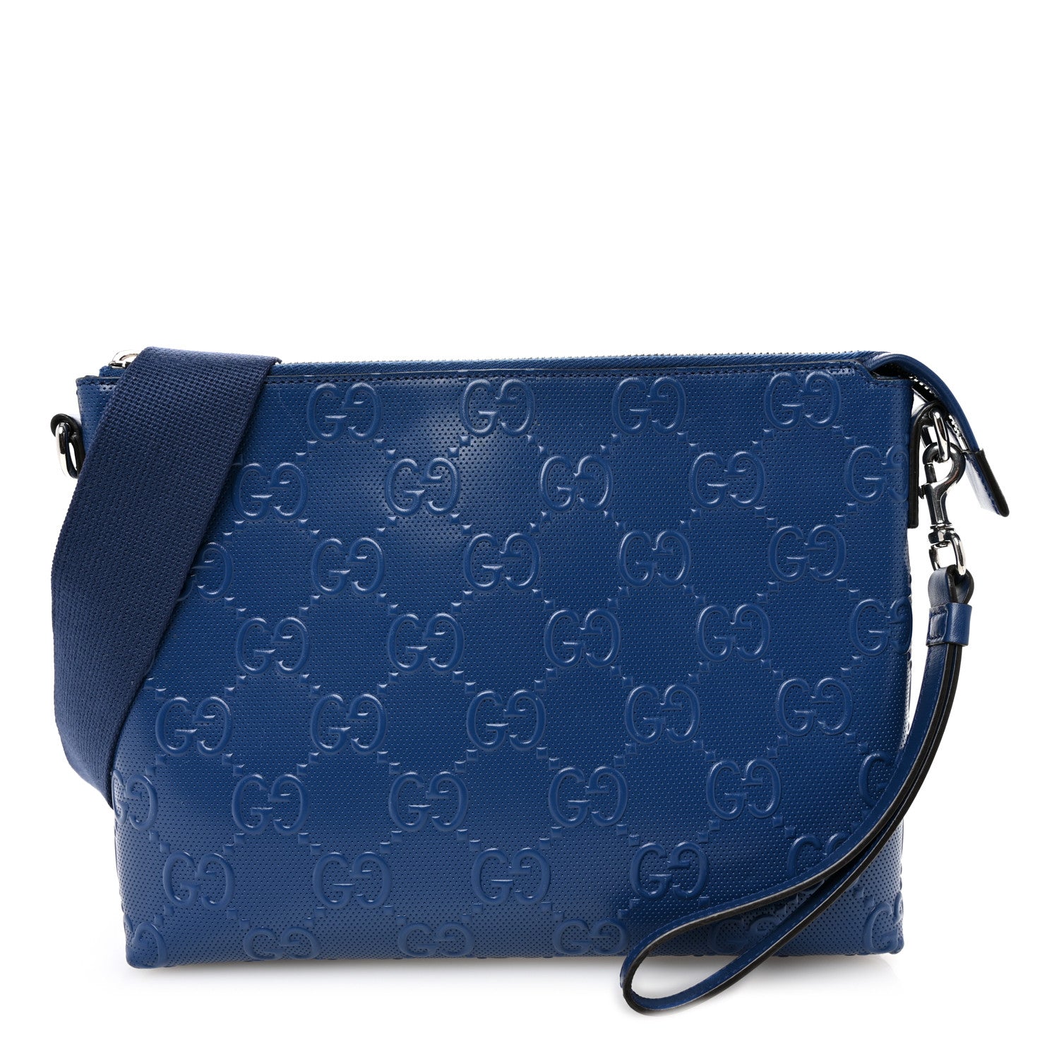 Gucci Calfskin GG Tennis Embossed Medium Wristlet Messenger Bag Intense Metal Blue 1 of 10