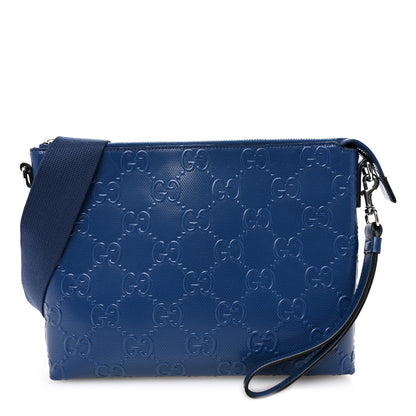 Gucci Calfskin GG Tennis Embossed Medium Wristlet Messenger Bag Intense Metal Blue 1 of 10