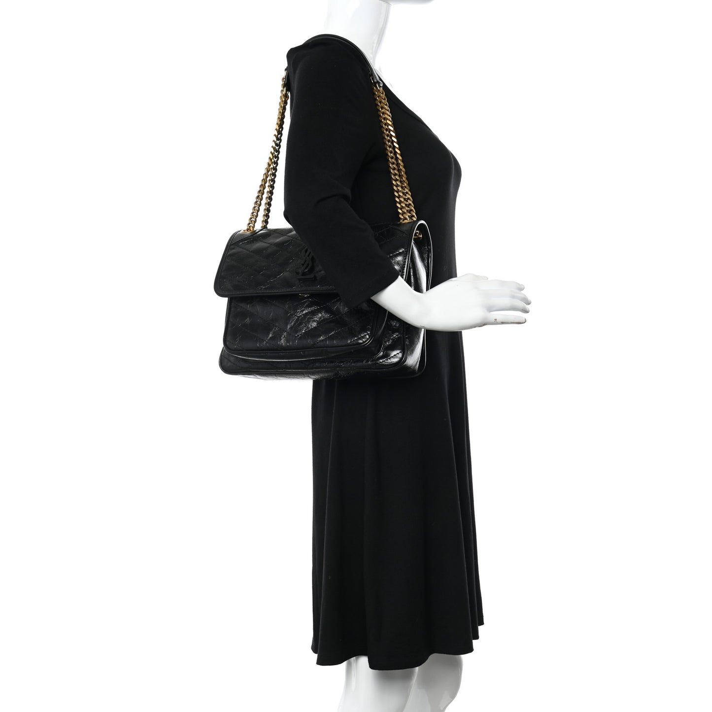 Crinkled Calfskin Matelasse Monogram Medium Niki Chain Satchel Black
