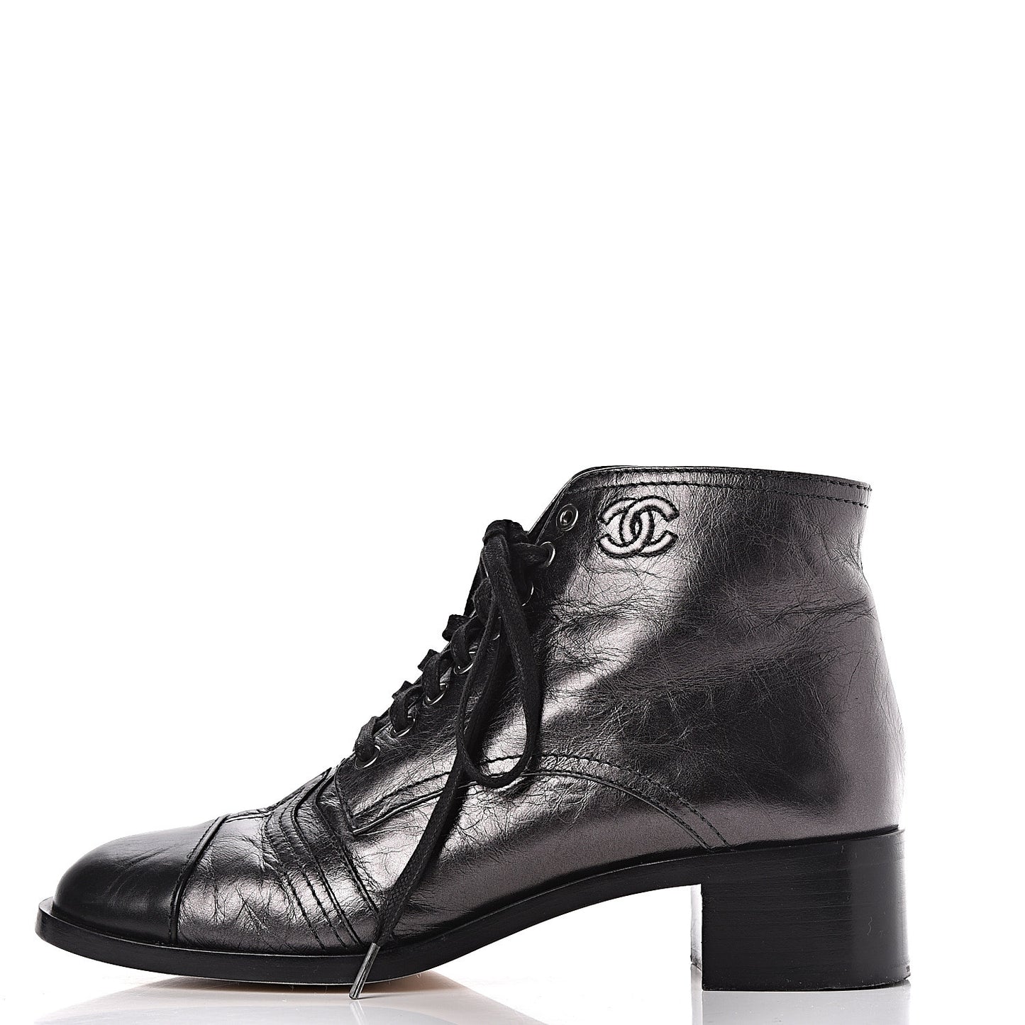 Metallic Calfskin CC Ankle Boots 40.5 Silver Black