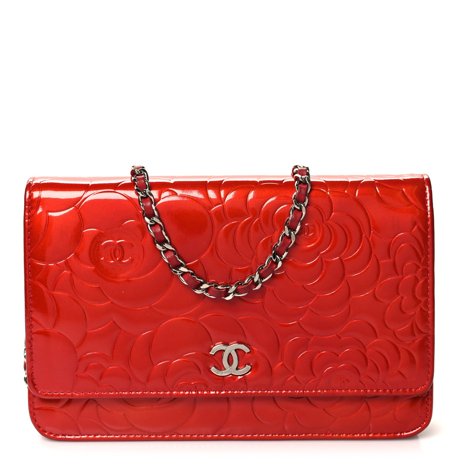 Chanel Patent Camellia Embossed Wallet On Chain WOC Red 1 of 11